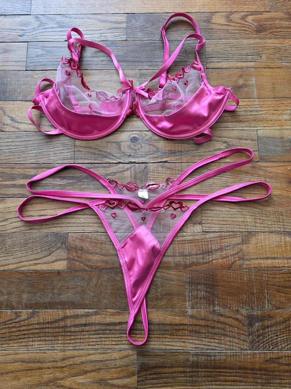 Roma Hot Pink Satin & Sheer Embroidered Bra Set